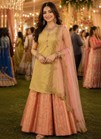 Splendid Embroidered Gold and Peach Imported Readymade Lehenga Choli