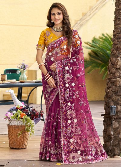 Splendid Net Embroidered Purple Trendy Saree