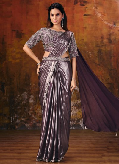 Staring Pearls Satin Purple Contemporary Saree