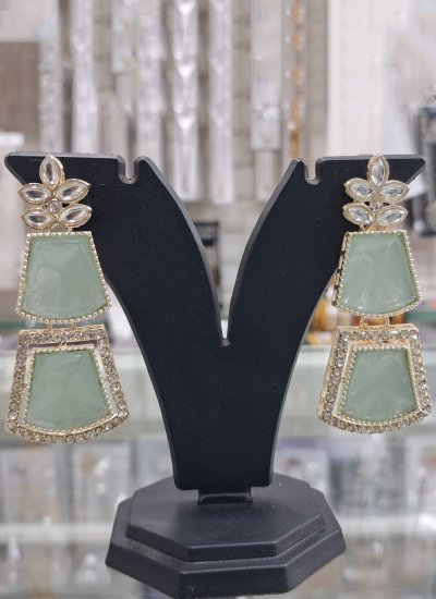 Stone Work Ear Rings in Sea Green Colour