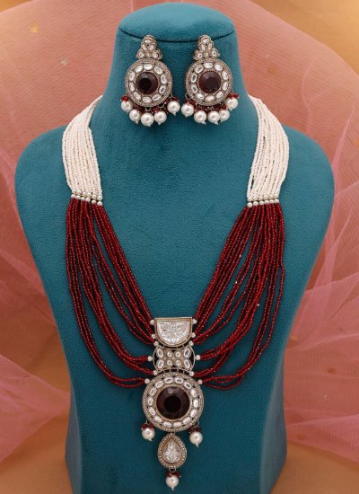 Stone Work Maroon and White Necklace Set