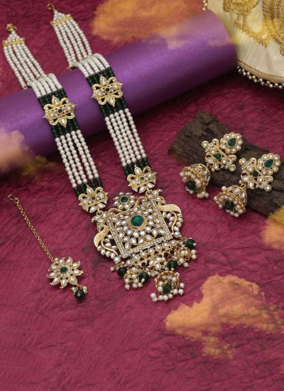 
                            Stone Work Necklace Set in Green and White Colour