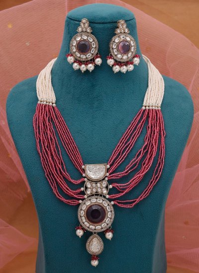 Stone Work Necklace Set in Magenta and White Colour