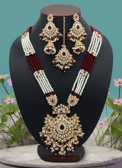 Stone Work Necklace Set in Maroon and White Colour