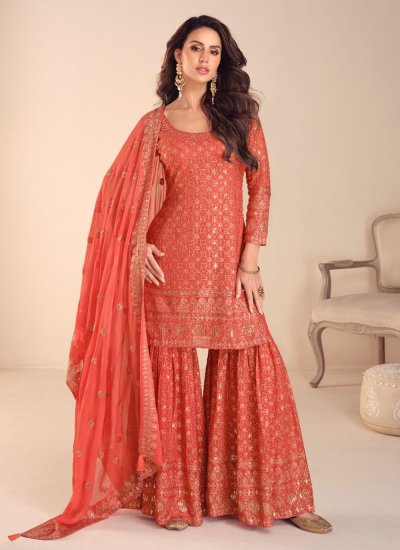 Stylish Embroidered Orange Palazzo Salwar Kameez 