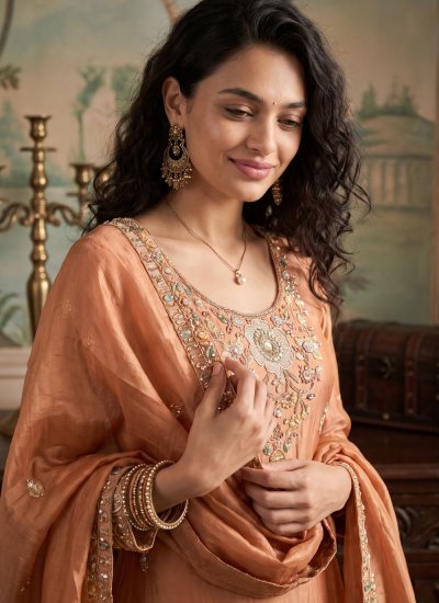 
                            Stylish Embroidered Peach Tissue Palazzo Salwar Suit