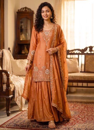 Stylish Embroidered Peach Tissue Palazzo Salwar Suit