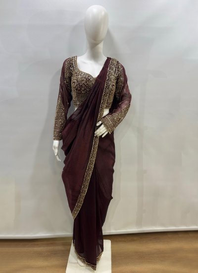 
                            Stylish Wine Embroidered Silk Classic Saree