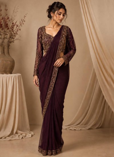 Stylish Wine Embroidered Silk Classic Saree