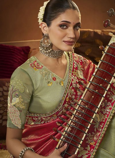 
                            Suave Green and Pink Embroidered Saree