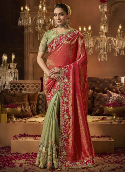 Suave Green and Pink Embroidered Saree