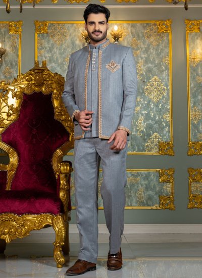 Suiting Handwork Jodhpuri Suit in Grey Colour