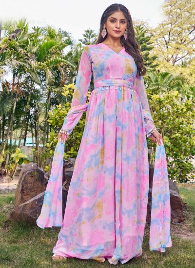 Elegant Georgette Pink Sequins Floor Length Gown - Elegant Georgette Pink Sequins Floor Length Gown -