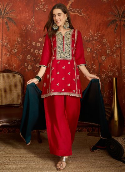 Swanky Vichitra Silk Embroidered Red Trendy Salwar Kameez