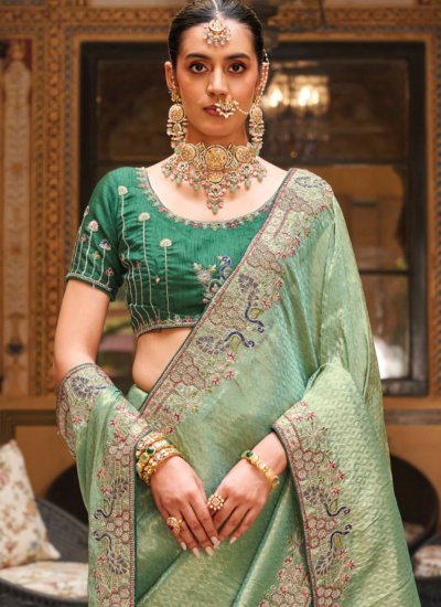 
                            Tantalizing Tissue Sea Green Contemporary Saree