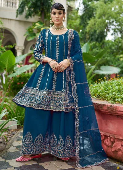 Teal Chinon Ceremonial Trendy Salwar Kameez