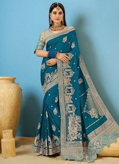 Teal Engagement Silk Traditional Saree