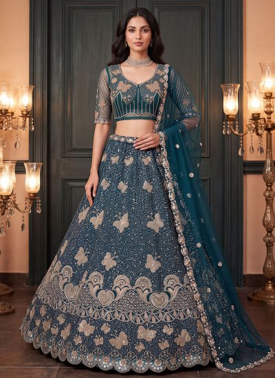 Teal Net Ceremonial Designer Lehenga Choli