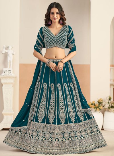 Teal Resham Faux Georgette Trendy Lehenga Choli