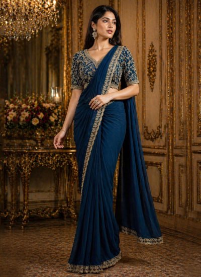 Teal Satin Silk Festival Trendy Saree