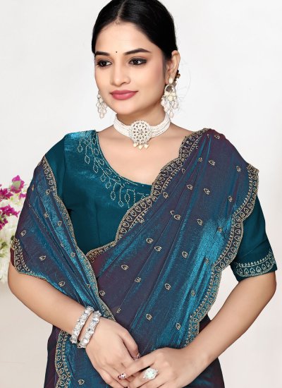 
                            Teal Satin Silk Trendy Saree