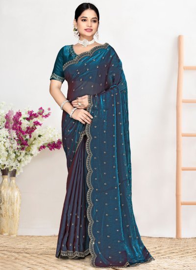 Teal Satin Silk Trendy Saree