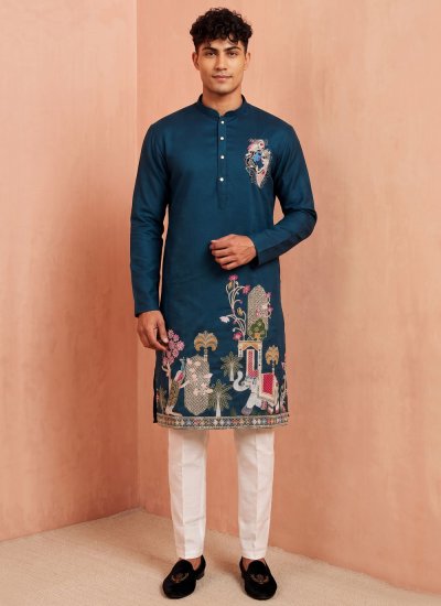 Teal Silk Festival Kurta Pyjama