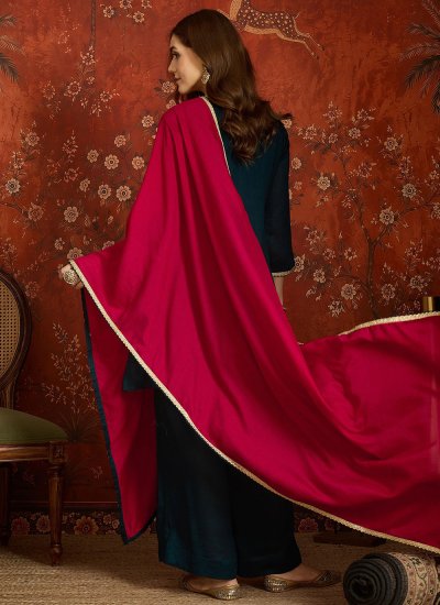 
                            Teal Vichitra Silk Embroidered Palazzo Salwar Kameez