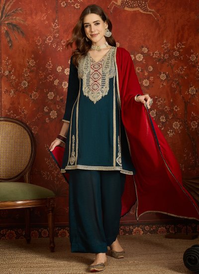 Teal Vichitra Silk Embroidered Palazzo Salwar Kameez
