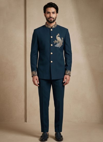 Teal Wedding Satin Jodhpuri Suit