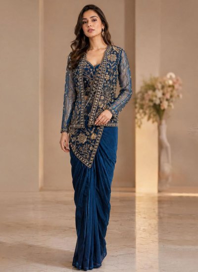 Tempting Embroidered Lycra Blue Trendy Saree