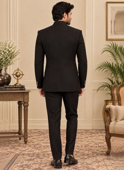 
                            Terry Rayon Black Embroidered Jodhpuri Suit