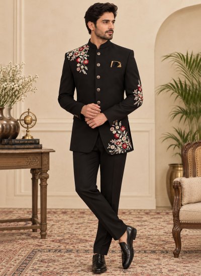 Terry Rayon Black Embroidered Jodhpuri Suit