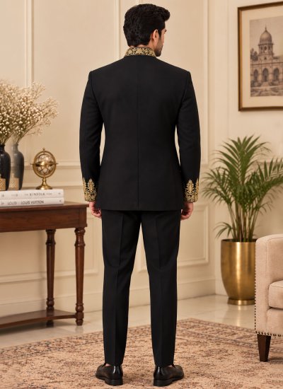 
                            Terry Rayon Embroidered Jodhpuri Suit in Black Colour