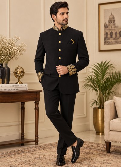 Terry Rayon Embroidered Jodhpuri Suit in Black Colour