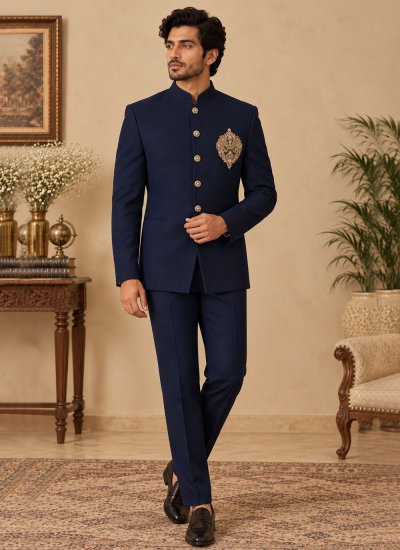 Terry Rayon Embroidered Jodhpuri Suit in Navy Blue Colour