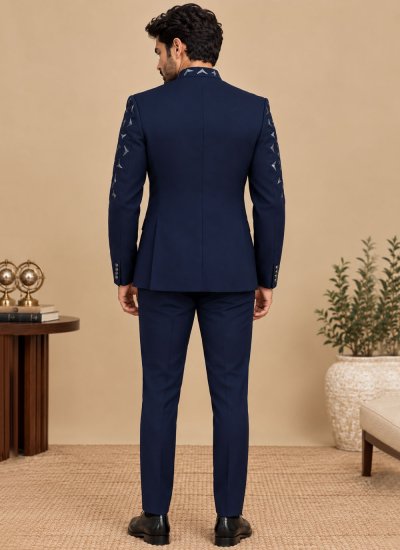 
                            Terry Rayon Embroidered Navy Blue Jodhpuri Suit
