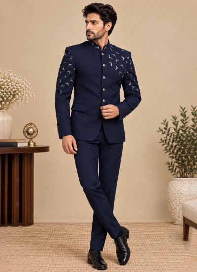 Terry Rayon Embroidered Navy Blue Jodhpuri Suit