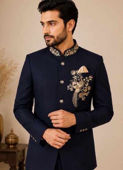 
                            Terry Rayon Jodhpuri Suit in Navy Blue Colour