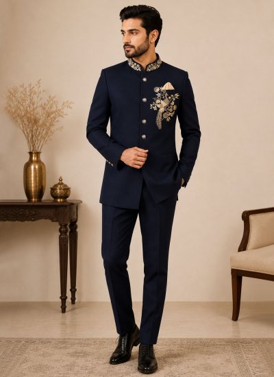 Terry Rayon Jodhpuri Suit in Navy Blue Colour
