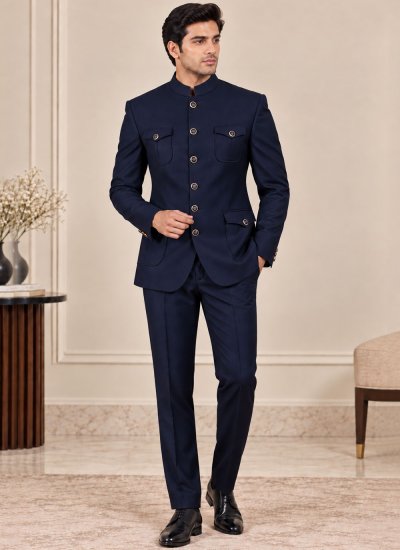 Terry Rayon Navy Blue Plain Jodhpuri Suit
