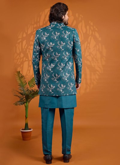 
                            Thread Work Art Silk Indo Western in Teal Colour
