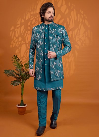 Thread Work Art Silk Indo Western in Teal Colour