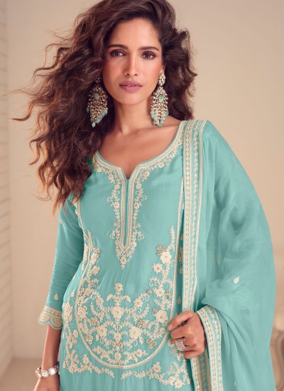 
                            Thrilling Sequins Chinon Aqua Blue Readymade Salwar Kameez