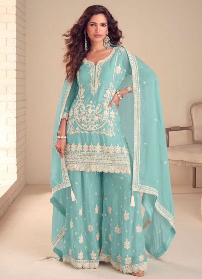 Thrilling Sequins Chinon Aqua Blue Readymade Salwar Kameez