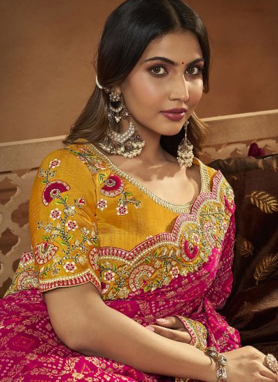 
                            Tiptop Embroidered Mustard and Pink Silk Contemporary Saree