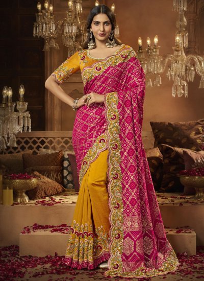 Tiptop Embroidered Mustard and Pink Silk Contemporary Saree