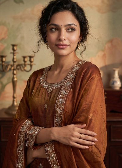 
                            Tissue Brown Readymade Salwar Kameez