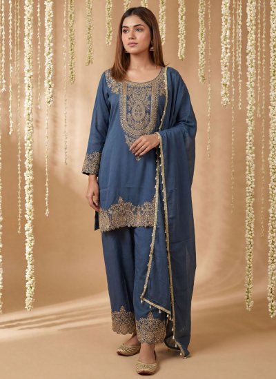 Tissue Embroidered Blue Readymade Salwar Kameez