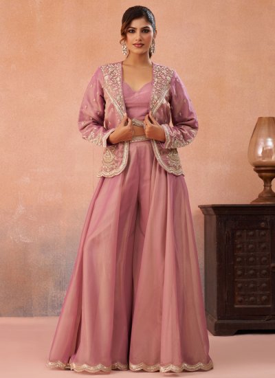 Tissue Embroidered Palazzo Salwar Suit in Pink